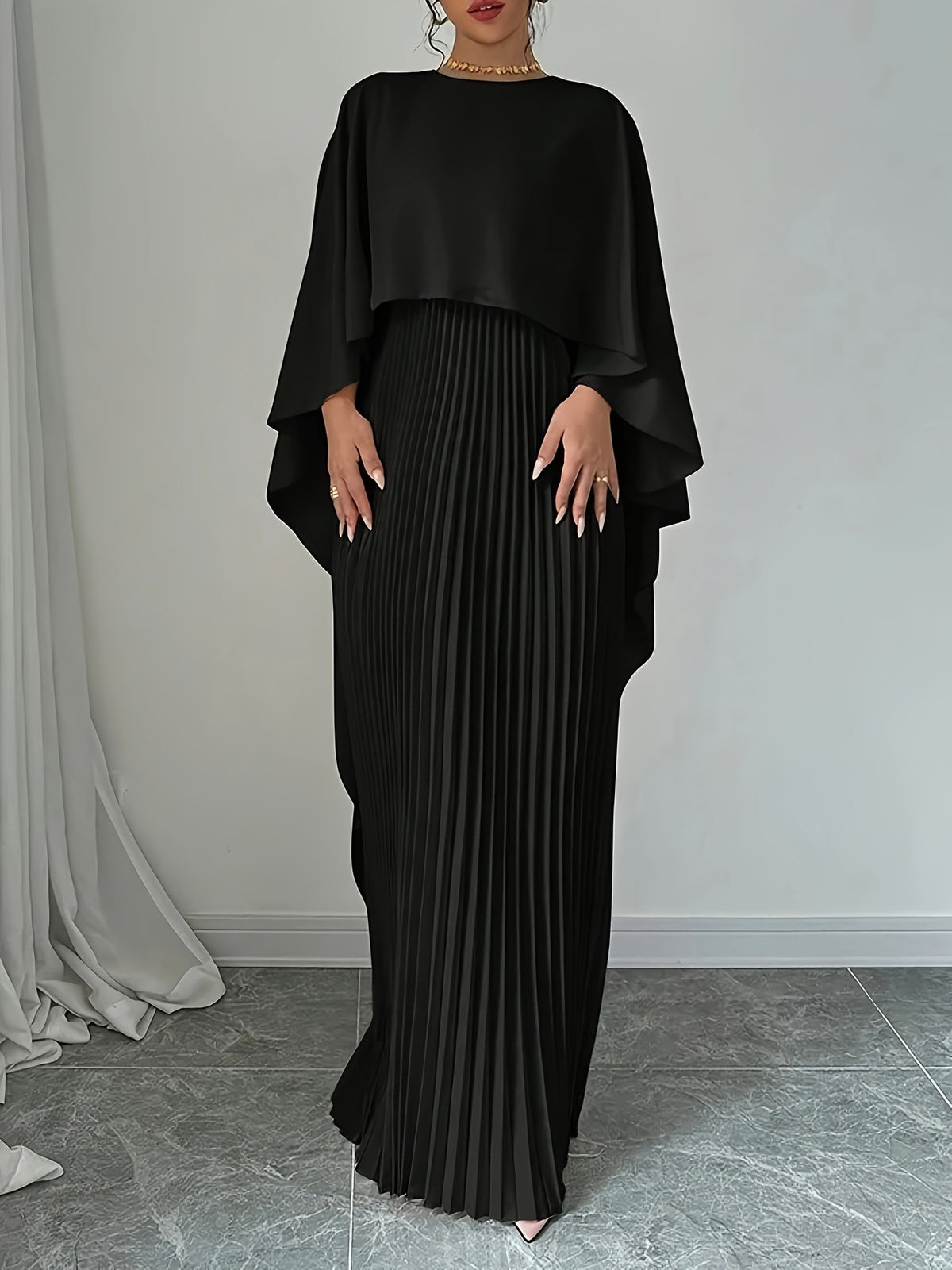 Elegant Evening Dress Women - Pleated Maxi Silhouette with Dramatic Cape - 2 - Rokvane