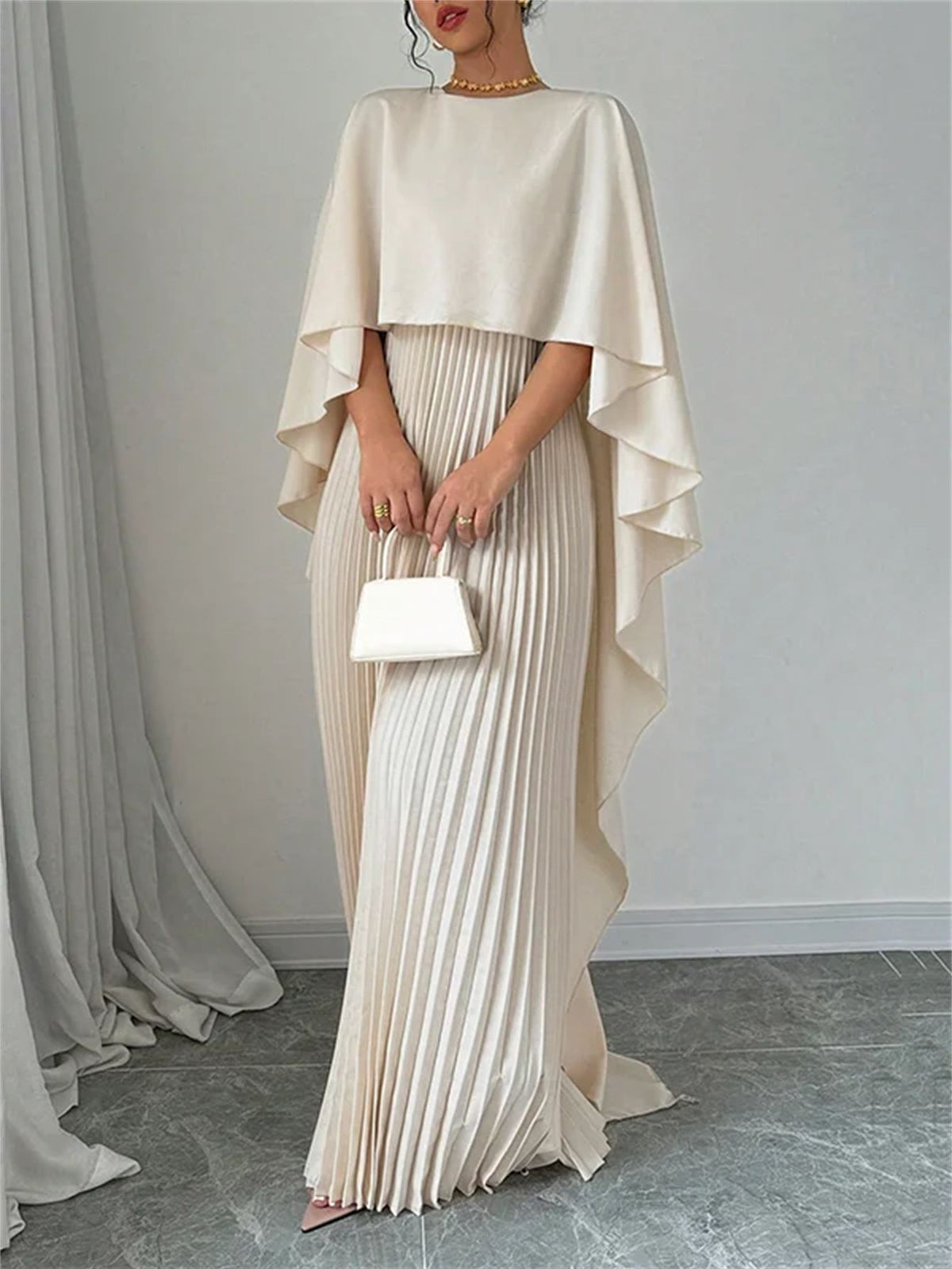 Elegant Evening Dress Women - Pleated Maxi Silhouette with Dramatic Cape - 3 - Rokvane