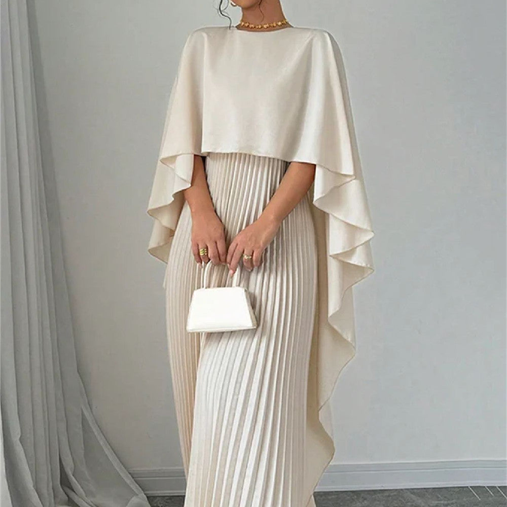 Elegant Evening Dress Women - Pleated Maxi Silhouette with Dramatic Cape - 4 - Rokvane