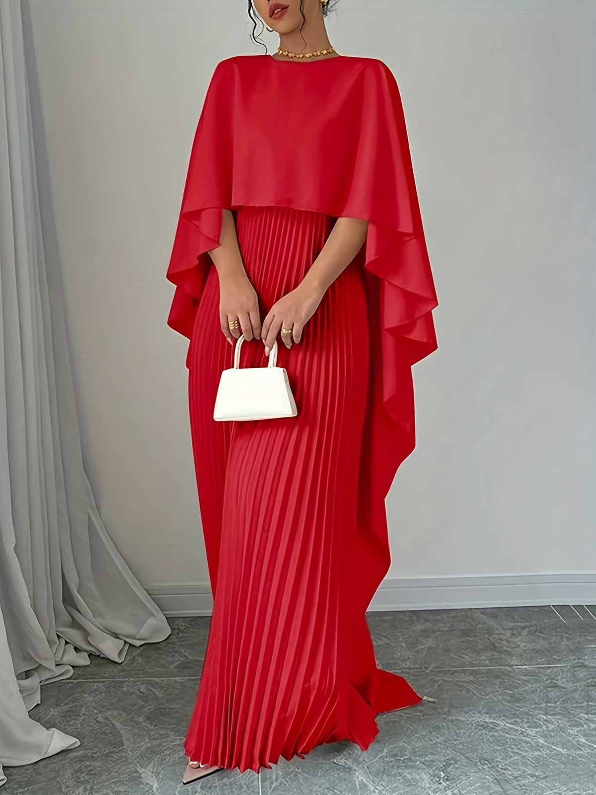 Elegant Evening Dress Women - Pleated Maxi Silhouette with Dramatic Cape - 5 - Rokvane
