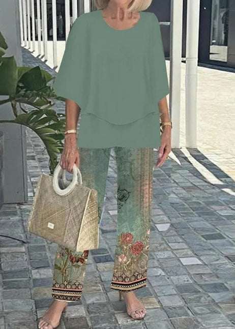 Two-Piece Set Women's Top and Trousers with Floral Print - 2 - Rokvane
