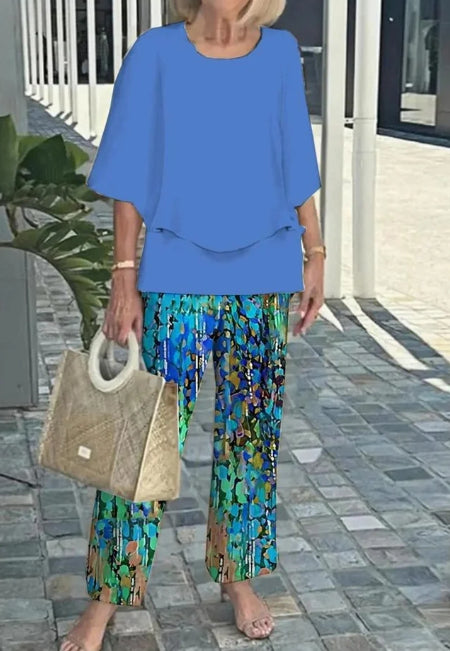 Two-Piece Set Women's Top and Trousers with Floral Print - 5 - Rokvane