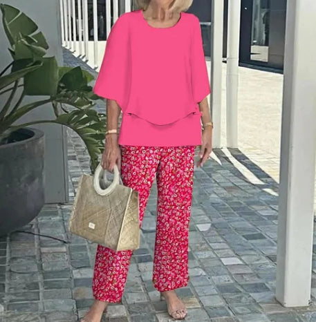 Two-Piece Set Women's Top and Trousers with Floral Print - 8 - Rokvane