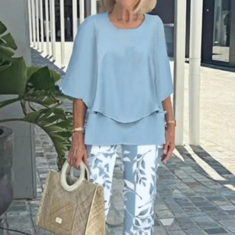 Two-Piece Set Women's Top and Trousers with Floral Print - 9 - Rokvane