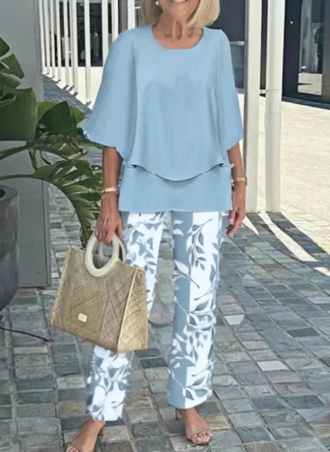 Two-Piece Set Women's Top and Trousers with Floral Print - 10 - Rokvane