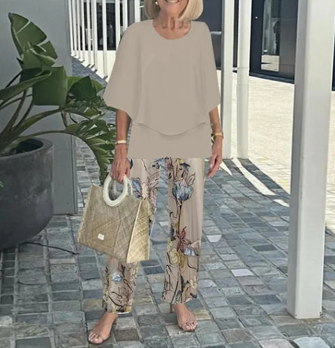 Two-Piece Set Women's Top and Trousers with Floral Print - 12 - Rokvane