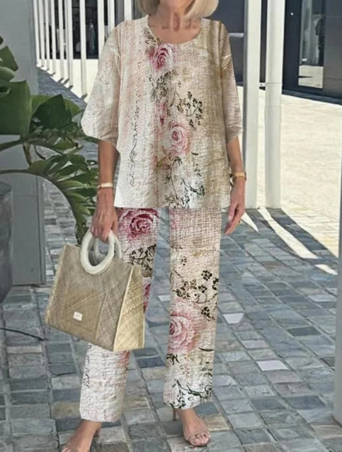Two-Piece Set Women's Top and Trousers with Floral Print - 14 - Rokvane