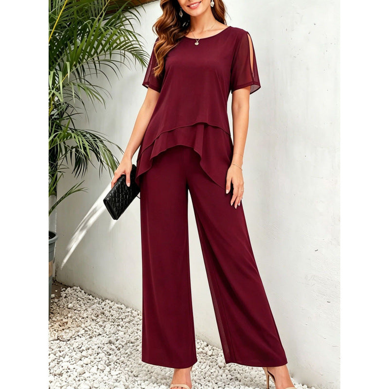Two-Piece Set Women with Layered Top and Wide-Leg Trousers - 2 - Rokvane