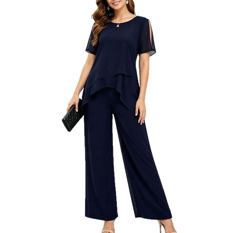 Two-Piece Set Women with Layered Top and Wide-Leg Trousers - 3 - Rokvane
