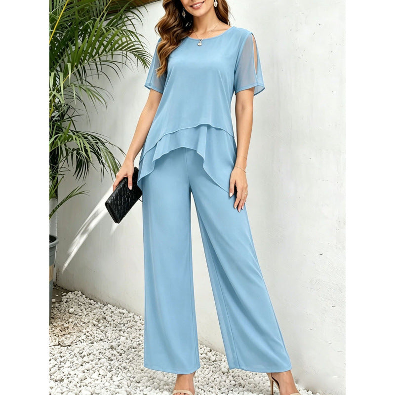 Two-Piece Set Women with Layered Top and Wide-Leg Trousers - 4 - Rokvane