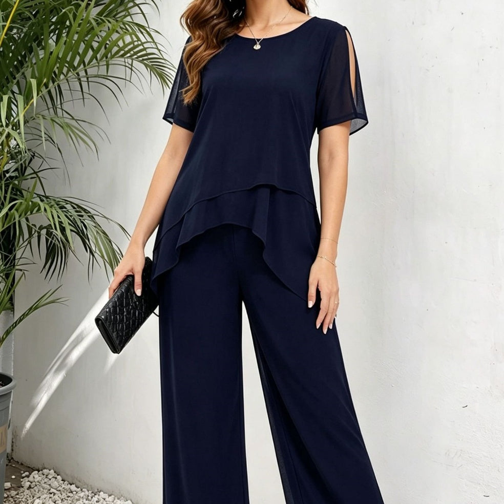 Two-Piece Set Women with Layered Top and Wide-Leg Trousers - 6 - Rokvane
