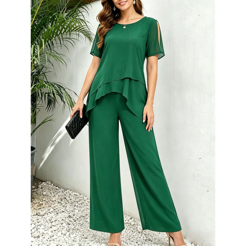 Two-Piece Set Women with Layered Top and Wide-Leg Trousers - 8 - Rokvane
