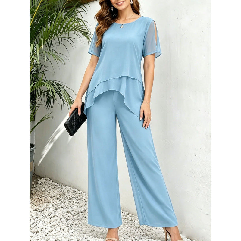 Two-Piece Set Women with Layered Top and Wide-Leg Trousers - 10 - Rokvane
