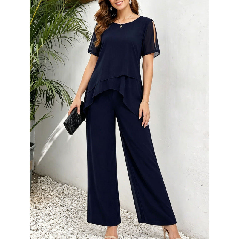 Two-Piece Set Women with Layered Top and Wide-Leg Trousers - 11 - Rokvane