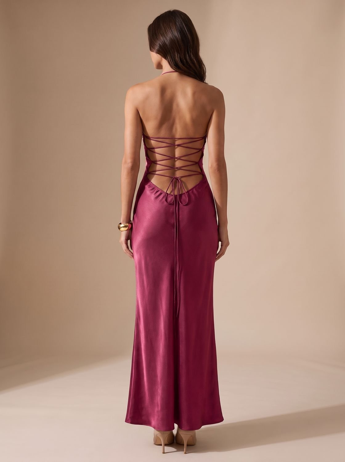 Evening Dress Women's Fitted Halterneck with Tie Back - 3 - Rokvane