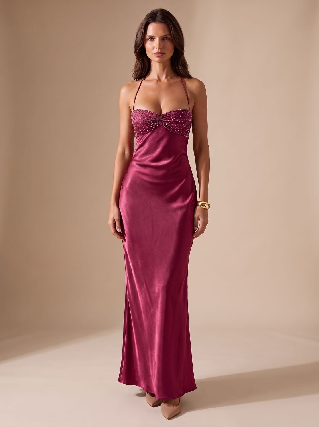 Evening Dress Women's Fitted Halterneck with Tie Back - 4 - Rokvane