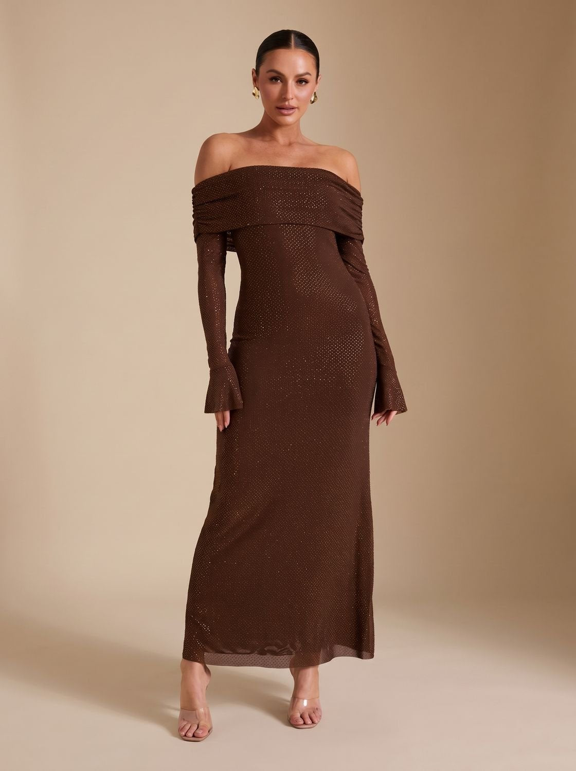 Maxi Dress for Women with Off-Shoulder Neckline and Long Fitted Sleeves - 1 - Rokvane