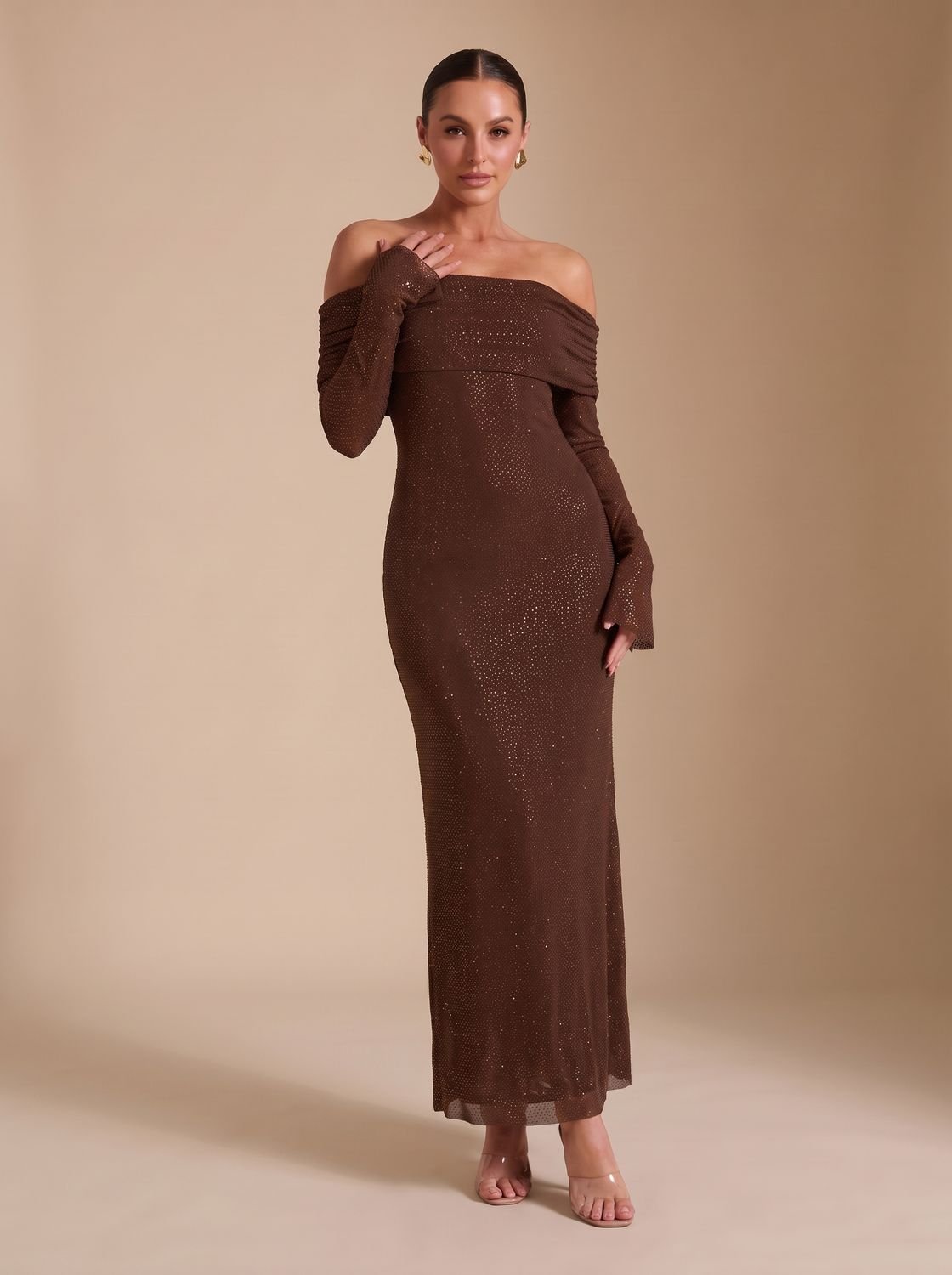 Maxi Dress for Women with Off-Shoulder Neckline and Long Fitted Sleeves - 2 - Rokvane