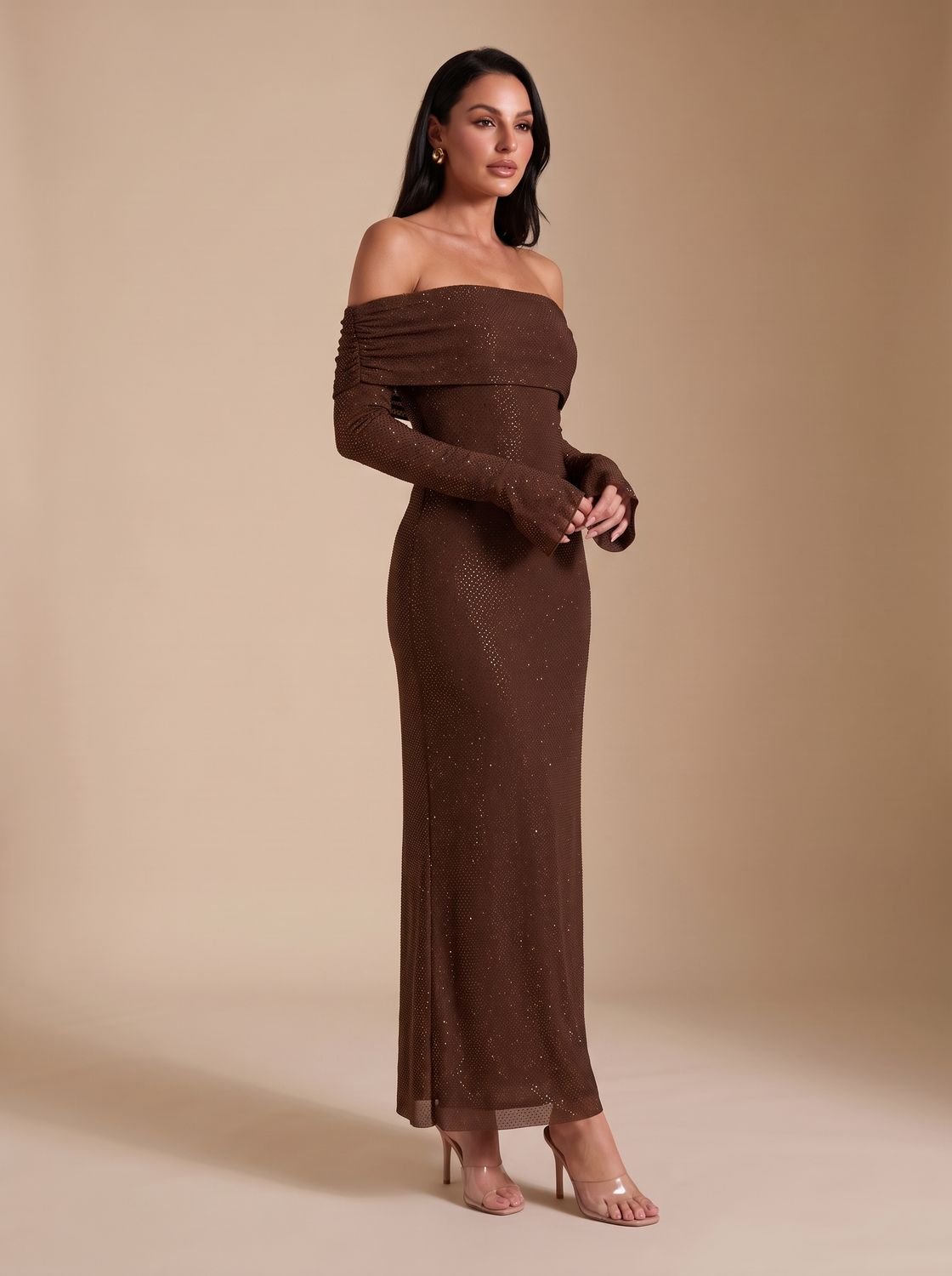 Maxi Dress for Women with Off-Shoulder Neckline and Long Fitted Sleeves - 3 - Rokvane