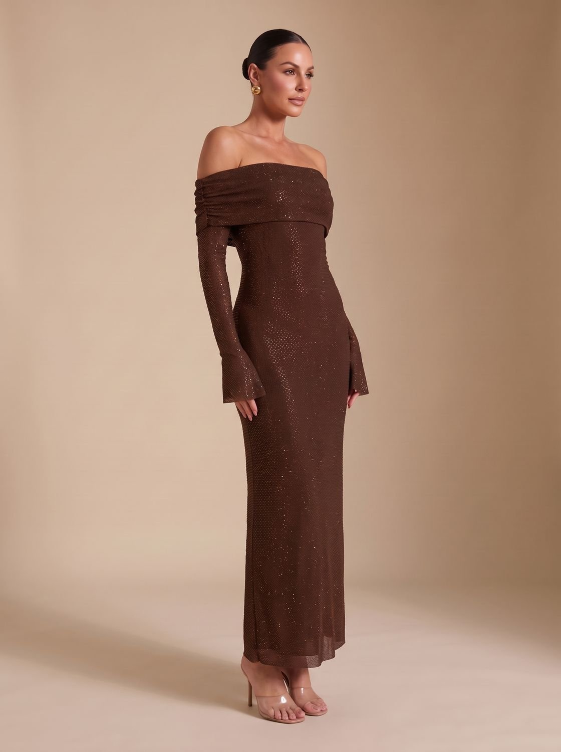 Maxi Dress for Women with Off-Shoulder Neckline and Long Fitted Sleeves - 4 - Rokvane