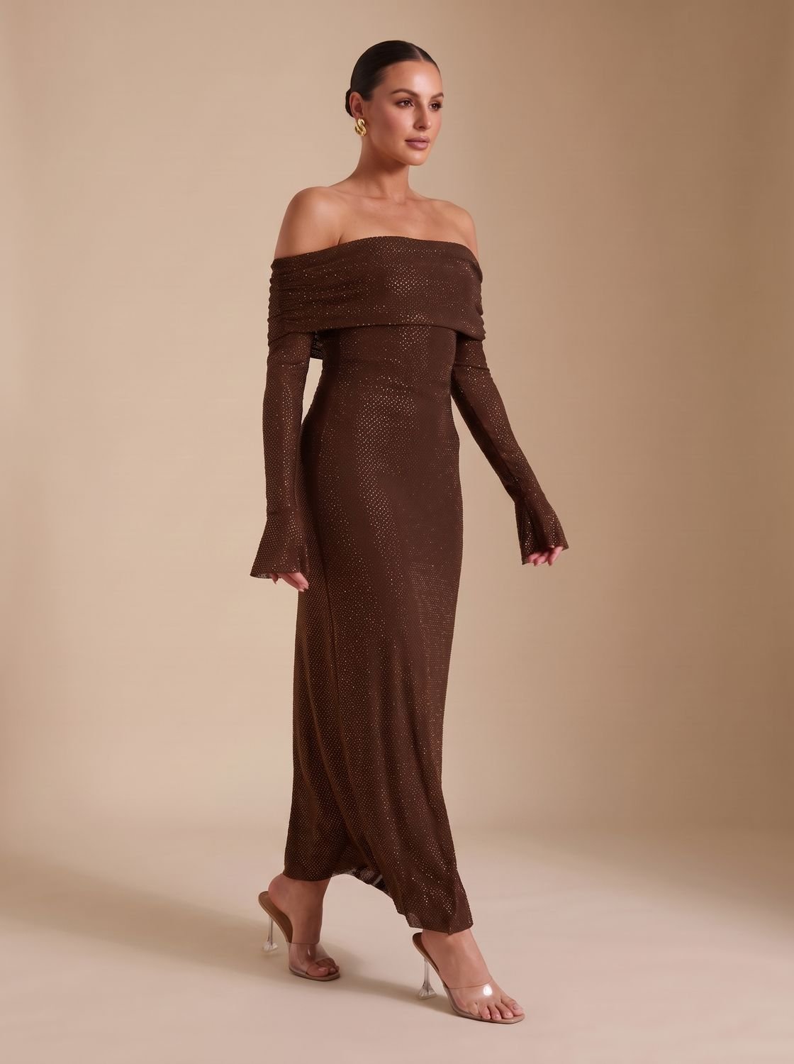 Maxi Dress for Women with Off-Shoulder Neckline and Long Fitted Sleeves - 8 - Rokvane