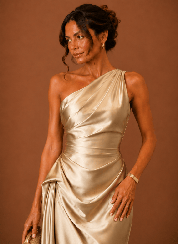 Evening Dress Women's Asymmetrical Cut with Draped Design - 4 - Rokvane
