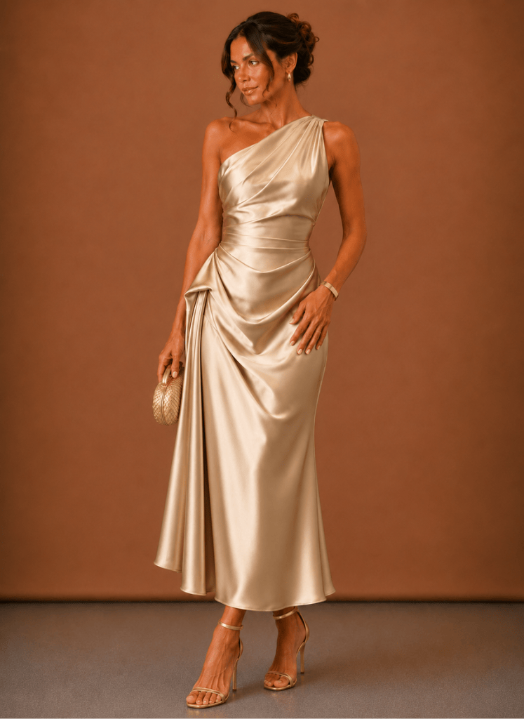 Evening Dress Women's Asymmetrical Cut with Draped Design - 5 - Rokvane