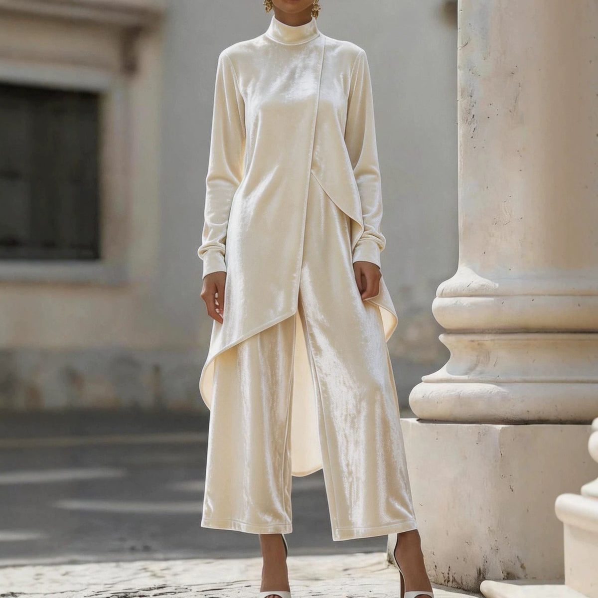 Elegant Women's Outfit with Asymmetrical Cut and High Neck - 1 - Rokvane