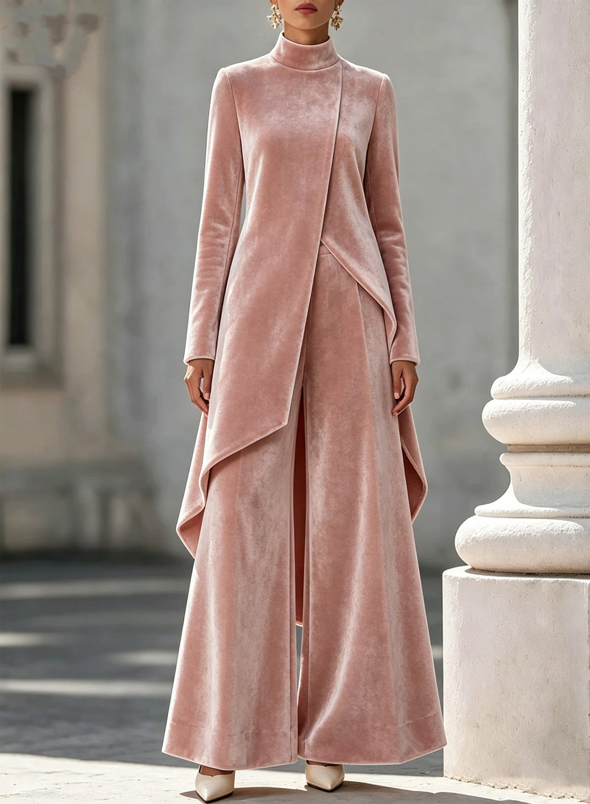 Elegant Women's Outfit with Asymmetrical Cut and High Neck - 3 - Rokvane