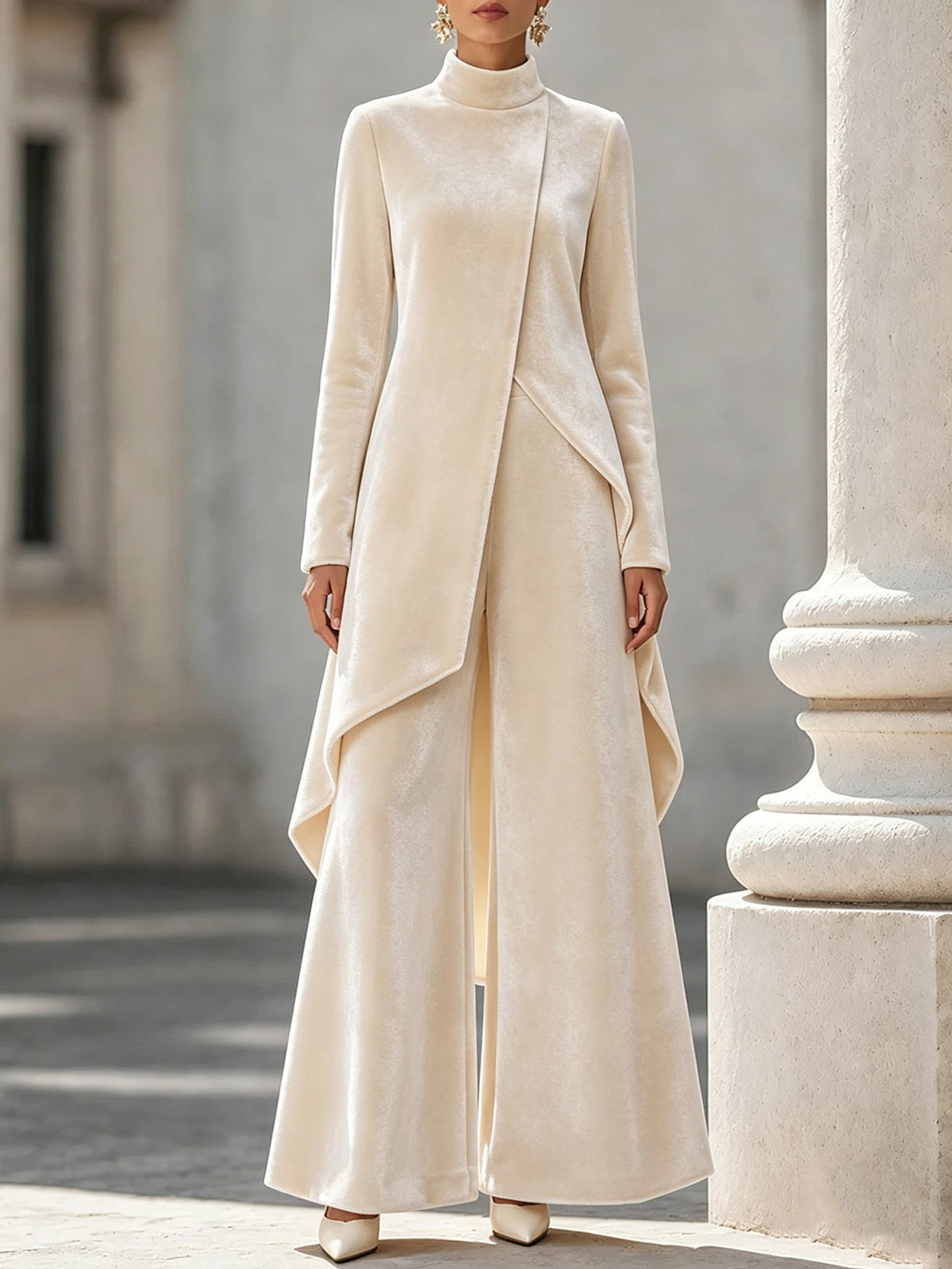 Elegant Women's Outfit with Asymmetrical Cut and High Neck - 4 - Rokvane
