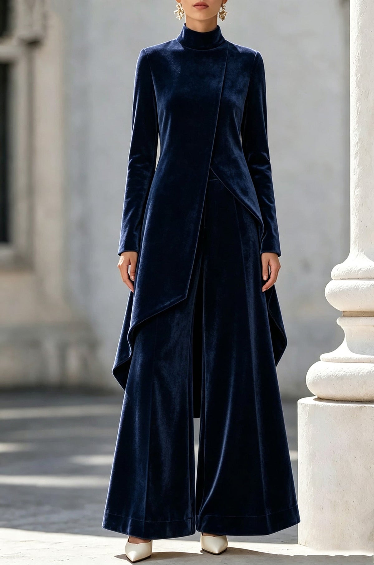 Elegant Women's Outfit with Asymmetrical Cut and High Neck - 6 - Rokvane