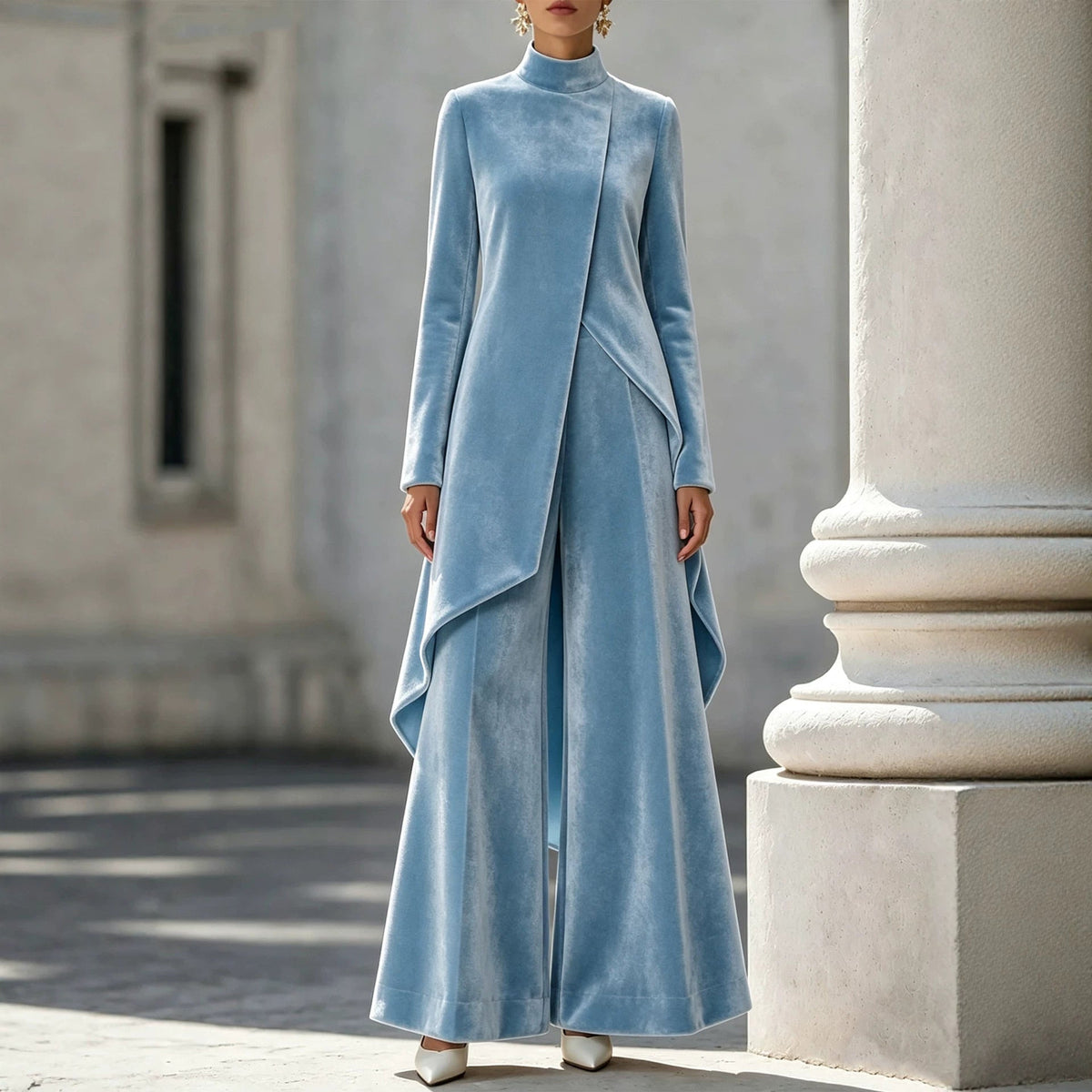 Elegant Women's Outfit with Asymmetrical Cut and High Neck - 7 - Rokvane