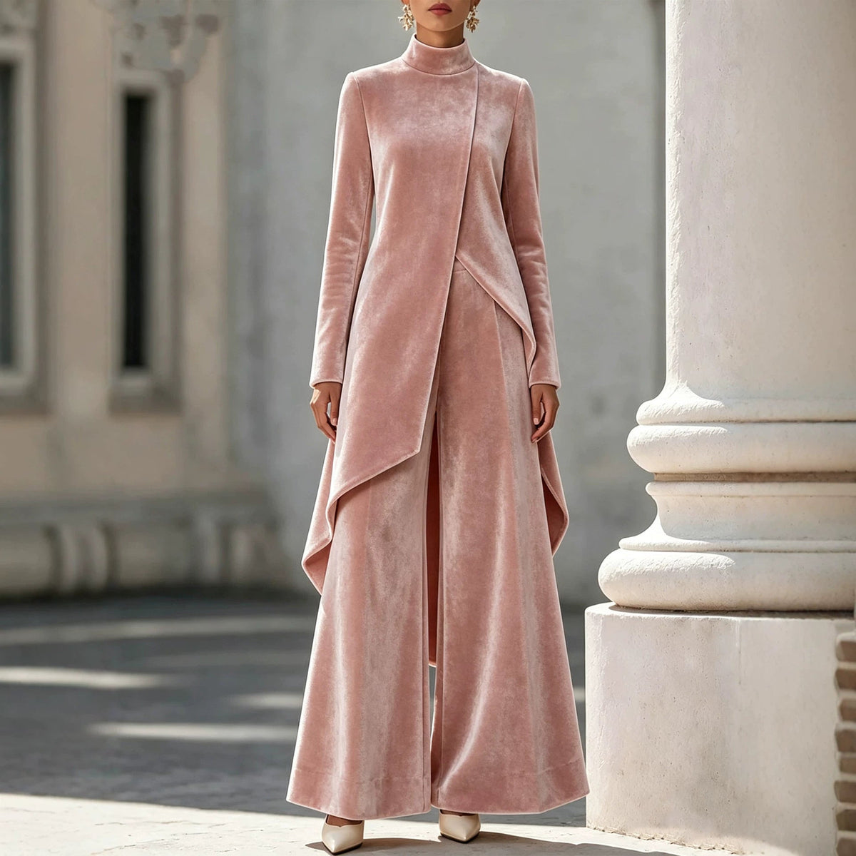 Elegant Women's Outfit with Asymmetrical Cut and High Neck - 9 - Rokvane