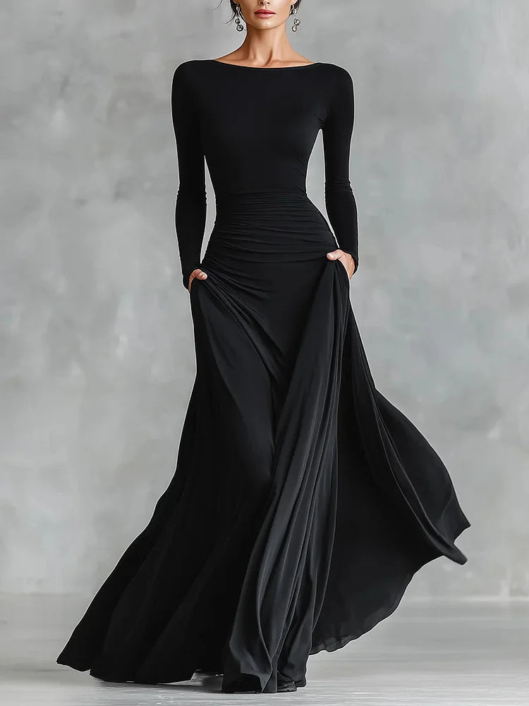 Maxi Dress for Women with Long Sleeves and Boat Neckline - 1 - Rokvane