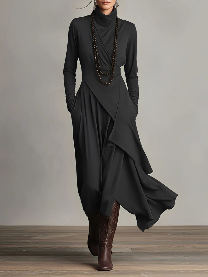 Maxi Dress Women's Asymmetric Cut with High Neck and Pockets - 2 - Rokvane