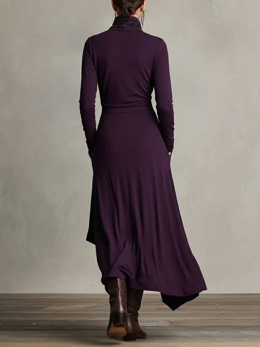 Maxi Dress Women's Asymmetric Cut with High Neck and Pockets - 3 - Rokvane