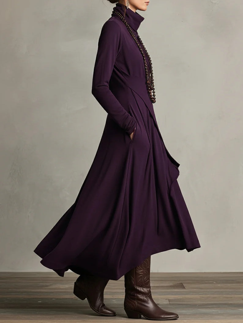 Maxi Dress Women's Asymmetric Cut with High Neck and Pockets - 4 - Rokvane
