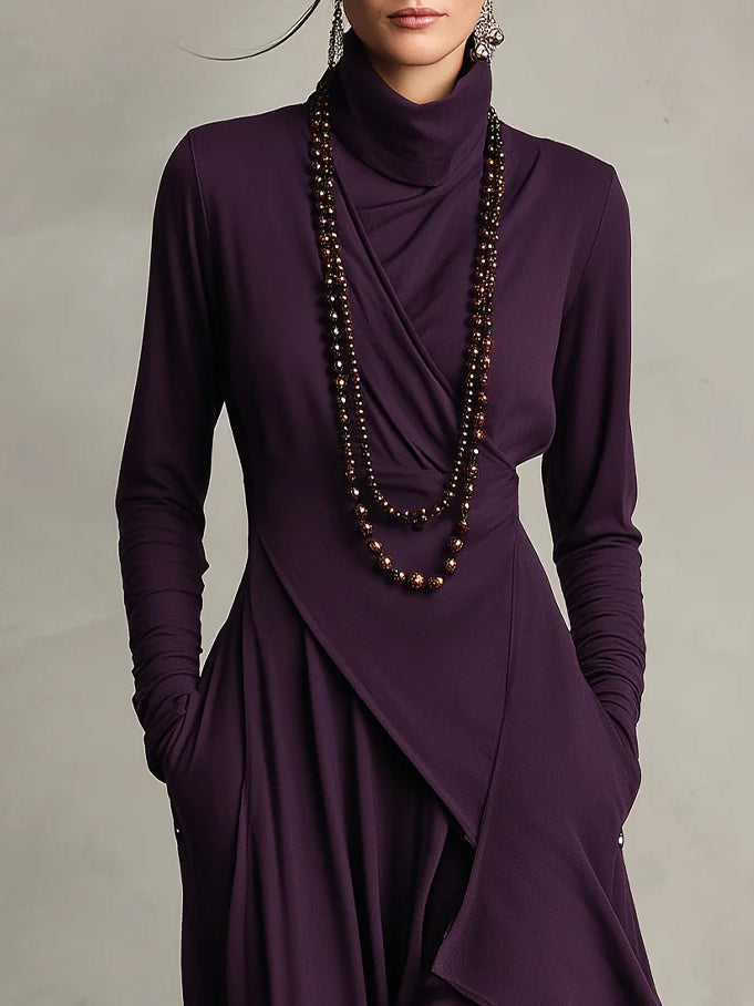 Maxi Dress Women's Asymmetric Cut with High Neck and Pockets - 5 - Rokvane