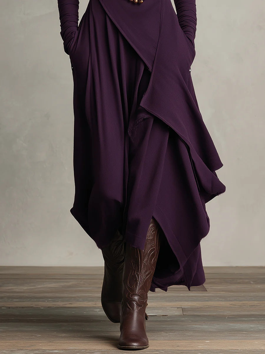 Maxi Dress Women's Asymmetric Cut with High Neck and Pockets - 6 - Rokvane