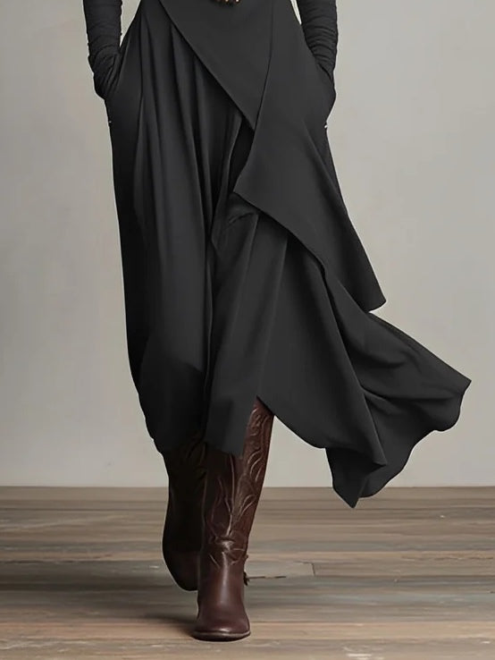 Maxi Dress Women's Asymmetric Cut with High Neck and Pockets - 8 - Rokvane