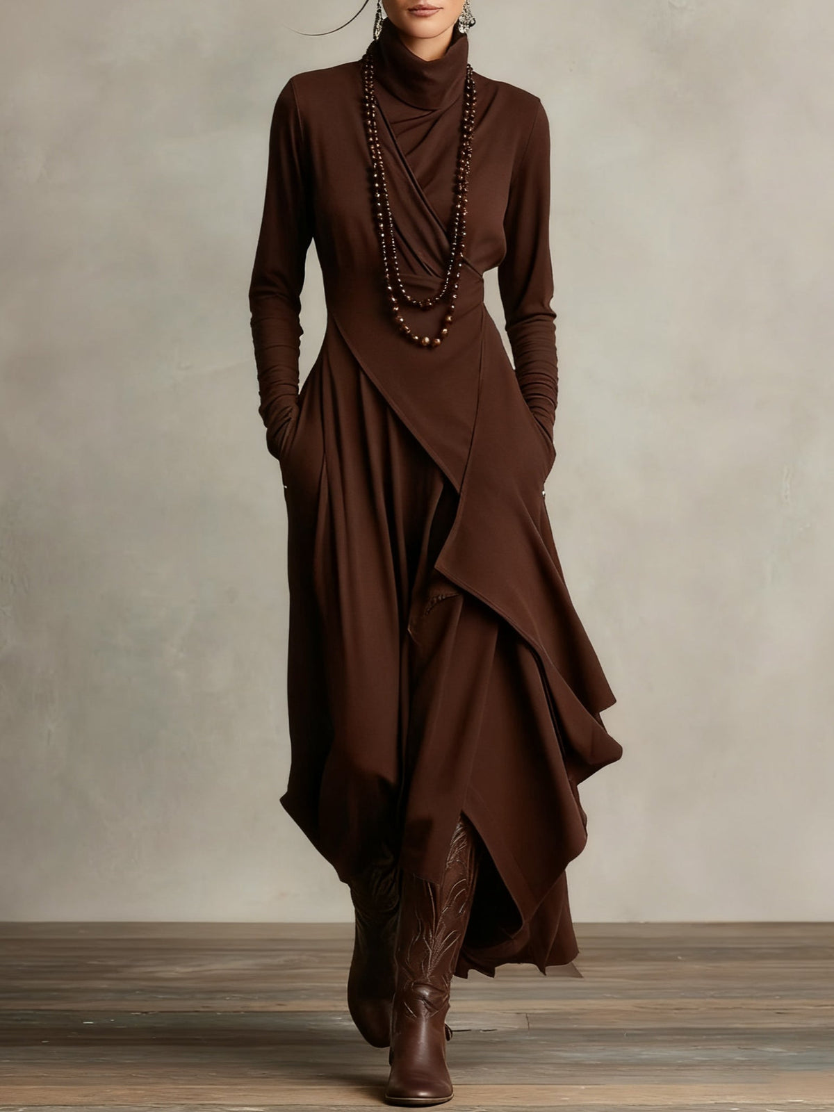 Maxi Dress Women's Asymmetric Cut with High Neck and Pockets - 9 - Rokvane