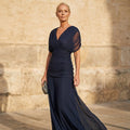 Evening Dress Women's V-Neck with Elegant Draping and Sheer Sleeves - 1 - Rokvane