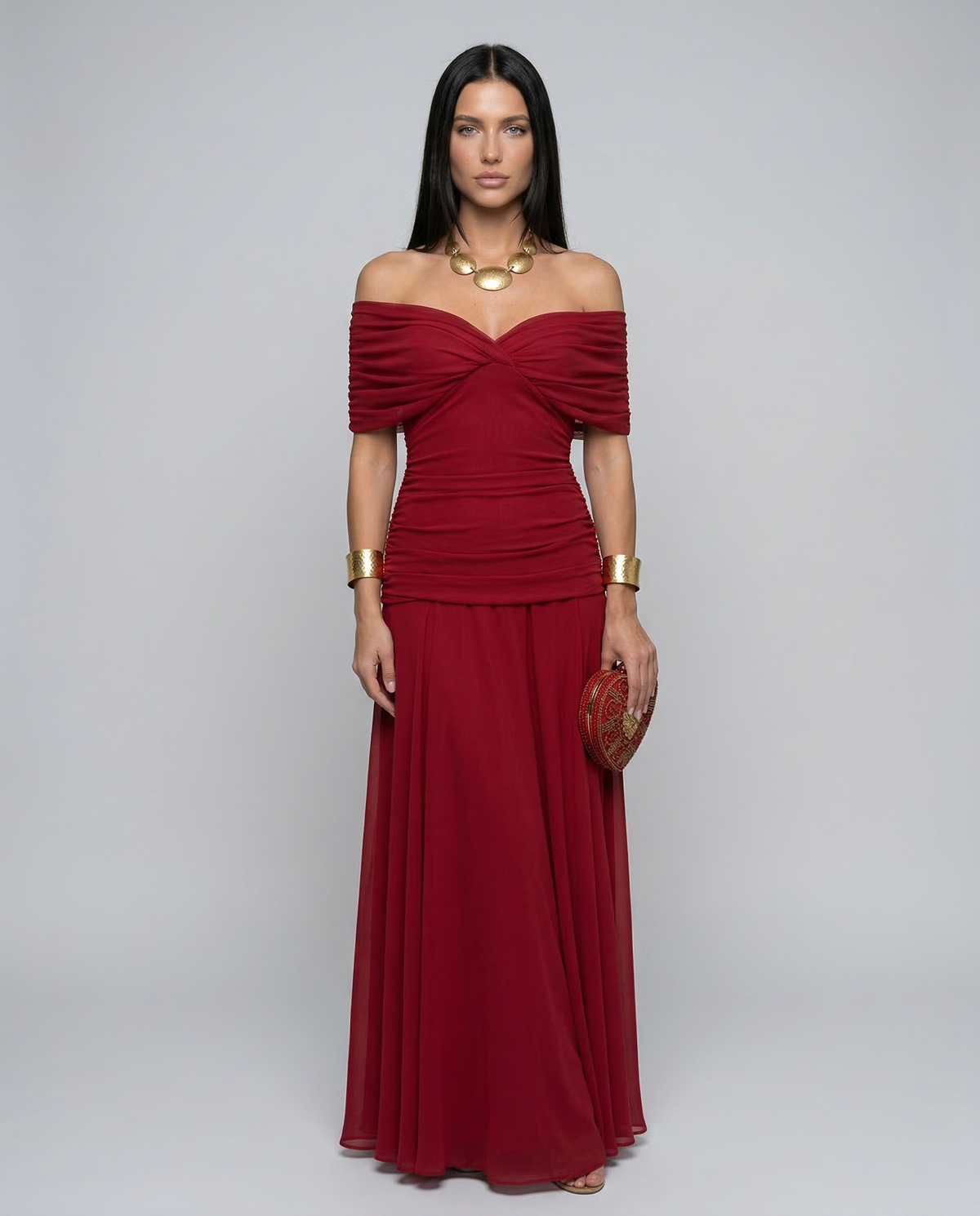 Evening Dress Women Off-Shoulder Maxi with Ruched Detail - 1 - Rokvane