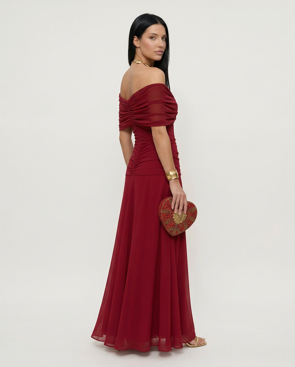 Evening Dress Women Off-Shoulder Maxi with Ruched Detail - 2 - Rokvane