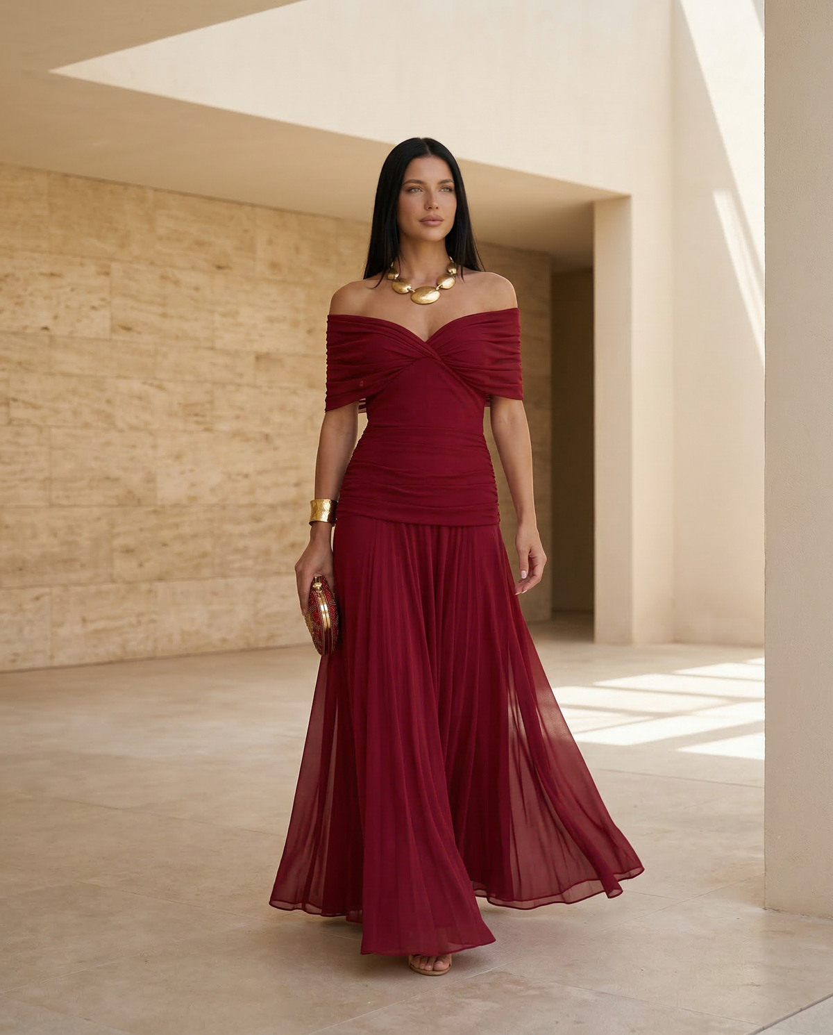 Evening Dress Women Off-Shoulder Maxi with Ruched Detail - 3 - Rokvane