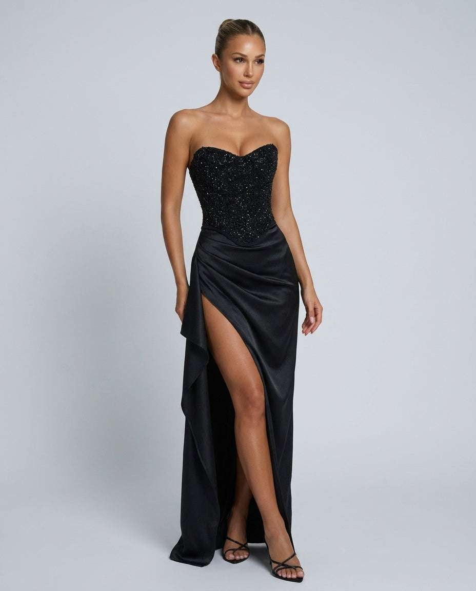 Strapless Evening Dress for Women with Heart-Shaped Neckline and Side Split - 1 - Rokvane