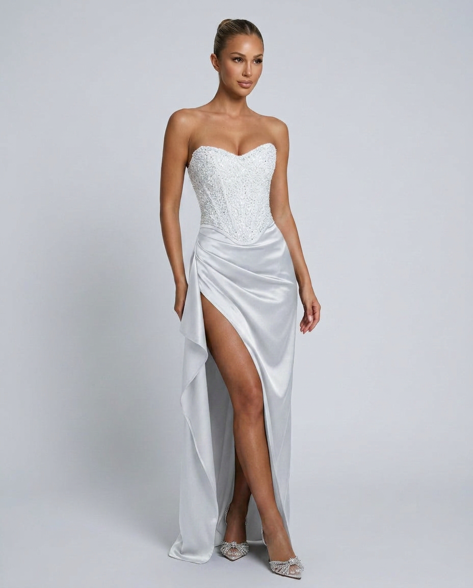 Strapless Evening Dress for Women with Heart-Shaped Neckline and Side Split - 4 - Rokvane