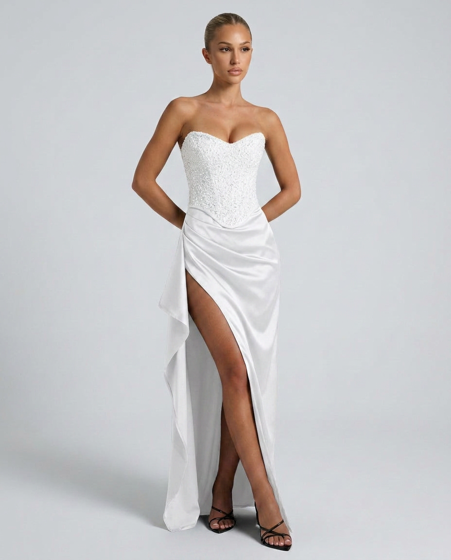 Strapless Evening Dress for Women with Heart-Shaped Neckline and Side Split - 6 - Rokvane