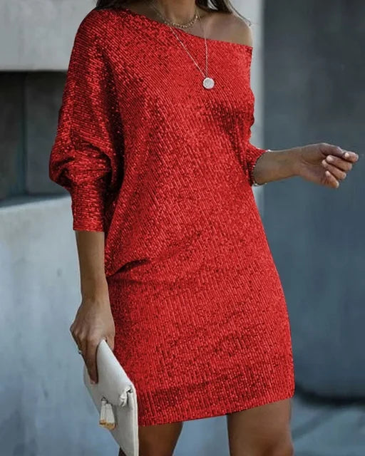 One-Shoulder Women's Dress with Shimmering Design - 4 - Rokvane