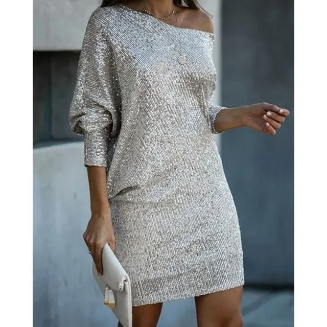 One-Shoulder Women's Dress with Shimmering Design - 5 - Rokvane